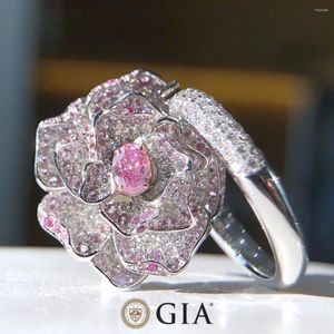 Cluster Ringen GIA 0.25ct 18K Goud Natuur Fancy Paarsachtig Roze Diamanten Bruiloft Verloving Vrouwelijke Voor Vrouwen Fijne Ring