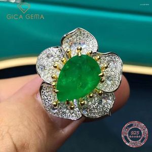 Bagues de cluster Gica Gema Real 925 Sterling Silver 3EX Pear Cut 6CT VVS Synthétique Emerald Diamond Mariage Cocktail Fleur Bague Pour Femmes Cadeaux