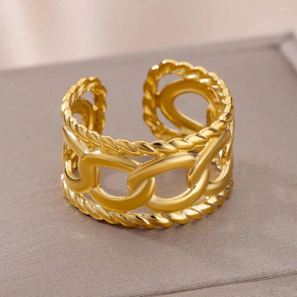 Anillos de racimo Color oro Anillo de acero inoxidable para mujeres Hombres Cadena de moda Capas dobles Apertura Joyería ajustable Regalo de cumpleaños Anillos