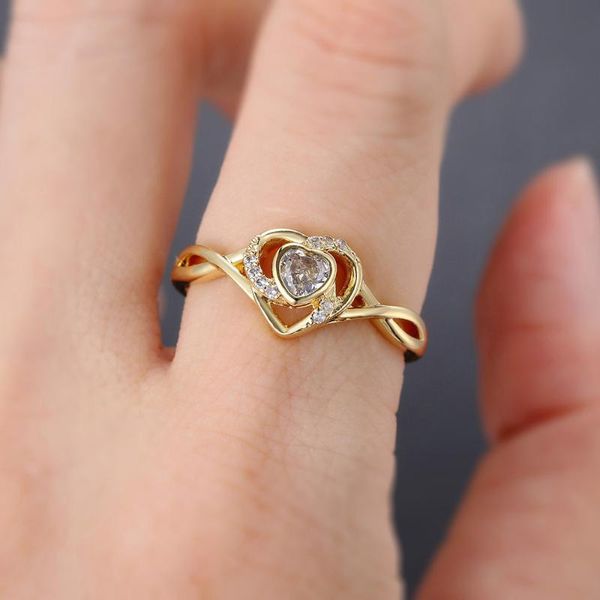 Cluster anneaux coeur d'or pour les adolescentes esthétique style coréen cristal twist love promesse anniversaire anniversary biftewif women's bijoux r344