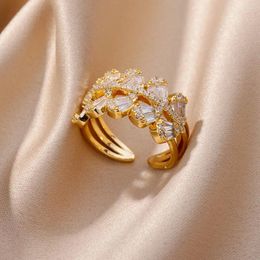 Cluster Ringen Verguld Zirkoon Waterdruppel Voor Vrouwen Opening Roestvrij Stalen Ring 2024 Trend Koreaanse Mode Elegante Bruiloft Sieraden