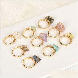 Bagues de cluster Gold Wire Wrap Pierre naturelle Irregar Lapis Lazi Améthyste Rose Quartz Fluorite Bague réglable pour femmes Bijoux Drop Del DHFCL