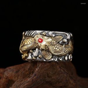 Anillos de racimo Golden Koi Pisces Ring Lucky Retro Thai Silver Men's Pull Finger Index Live Buckle Male