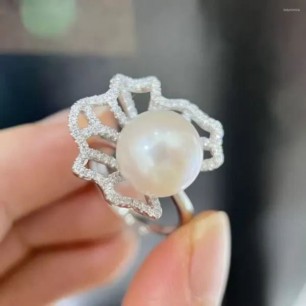 Bagues de cluster magnifique 11-12mm mer du Sud ronde bague de perle blanche 925s bijoux en argent sterling