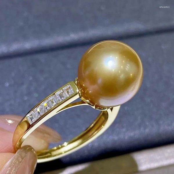 Cluster anneaux magnifiques et réalistes Super grand 11-10 mm Round Natural China South Sea Gold Ring Perle Ring 925S Ajustement