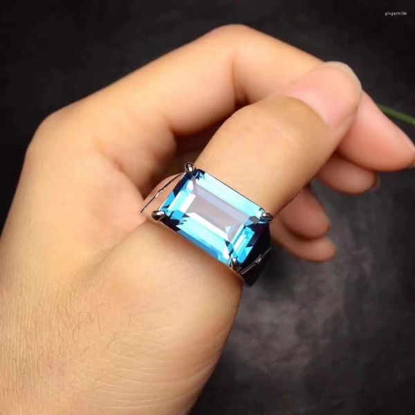 Bagues de cluster magnifique grande taille 10 14mm naturel bleu topaze gemme anneau S925 argent gemme femmes hommes cadeau bijoux
