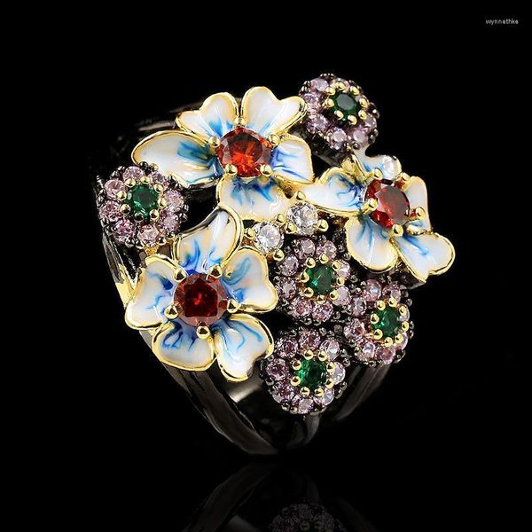 Anillos de racimo Gorgeous Ladies 925 Silver Black Gold Ring Color Flower Zircon Jewelry Esmalte hecho a mano Exagerado RingCluster Wynn22