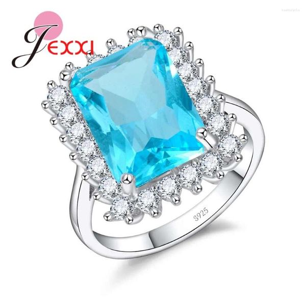 Cluster anneaux magnifiques carrés bleu clair zircon cristal anneau simple mode 925 aiguille en argent sterling - jewelry en gros femmes doigt