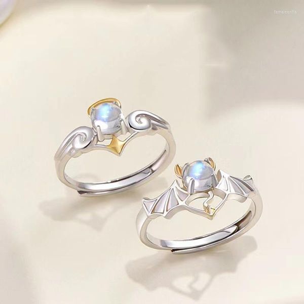 Anillos de racimo, joyería de fiesta de moda gótica, pareja romántica de Ángel y demonio para mujer, anillo de dedo con apertura ajustable de piedra lunar para hombre