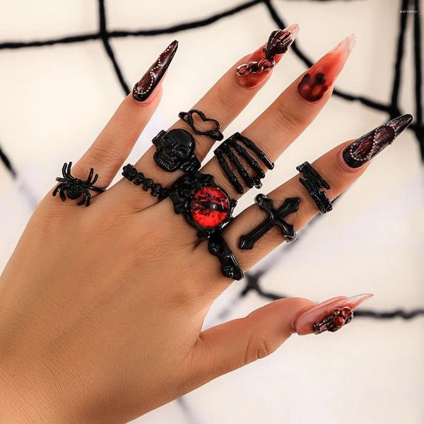 Bagues de cluster Gothique Noir Huile Goutte À Goutte Croix Crâne Ensemble Femmes Coeur Araignée Aile Réglable Cristal Rouge Knuckle Bague Halloween Punk Bijoux