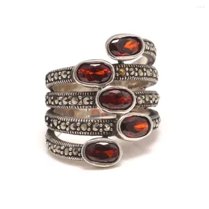 Anillos de racimo Gqtorch Natural Gemstone ancho para mujeres Red Garnet Stone Real Pure 925 Joyería de plata esterlina Marcasite Multi -capas anillo