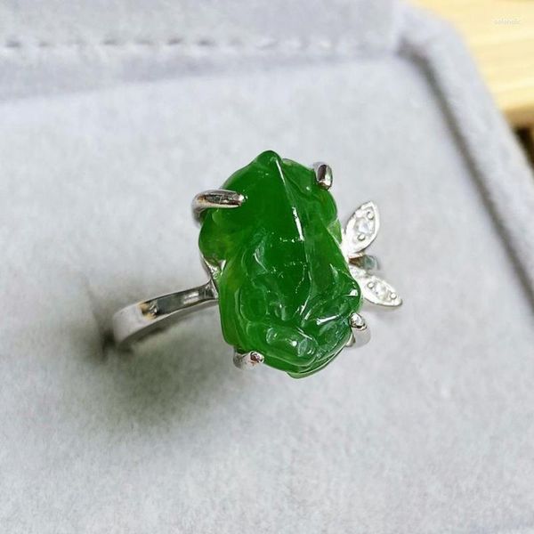 Anneaux de cluster Grade A Vert Jade Feng Shui Pixiu Mantra Bague 925 Sterling Argent Hetian Jades Néphrite Brave Troops Femmes Lucky Amulette