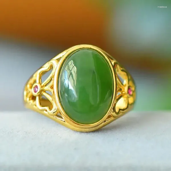 Bagues de cluster Grade A Green Jade Femmes Guérison Gemstone Fine Bijoux Véritable Hetian Jades Néphrite Ruby Hollow Butterfly Bague réglable