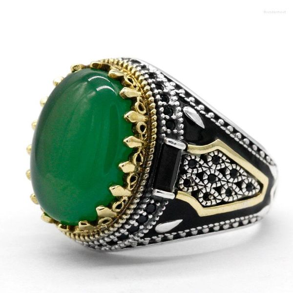 Cluster Rings Green Agate Stone Men Ring Pure 925 Sterling Silver Golden Crown King Male Email Vintage Turkish Handmade Jewelry Gift