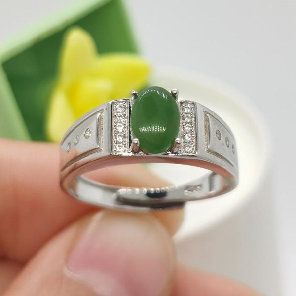 Anillos de racimo Anillo de jade verde para hombre 5 mm 7 mm 0.7ct Plata natural Sólido 925 Chapado en oro Joyería de piedras preciosas