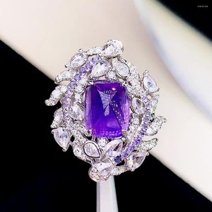 Cluster Anneaux Guild Hjy Purple Sapphire Ring Real Pure 18K Gemystones Natural 5.37CT Diamonds Femme en pierre