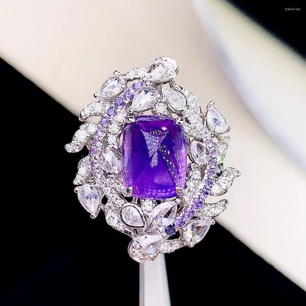 Anillos de racimo GUILD HJY Anillo de zafiro púrpura Real Pure 18K Piedras preciosas naturales 5.37ct Diamantes Piedra Mujer