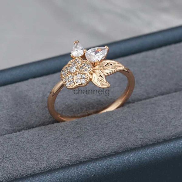 Anneaux de cluster Gulkina nouvelle bague femme douce 585 couleur or Rose fleurs Zircon naturel femmes polyvalent fête meilleur cadeau bijoux YQ240109