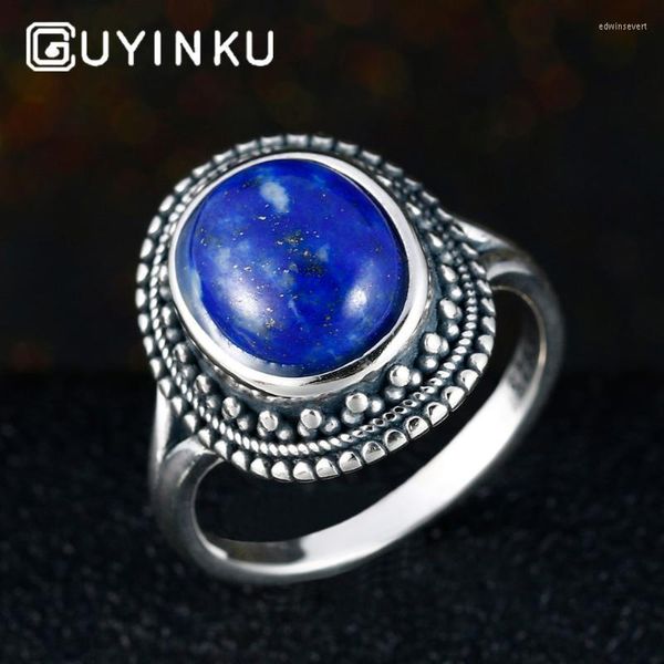 Anillos de racimo GUYINKU, Plata de Ley 925 auténtica, piedra preciosa de lapislázuli azul Natural para mujer, alianzas de boda, regalo de aniversario, joyería fina Edwi22