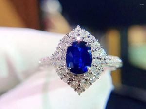 Clusterringen H124 Blue Sapphire Ring 1.0ct Real Pure 18 K Natural Unheat Royal Gemstone Diamonds Stone vrouw