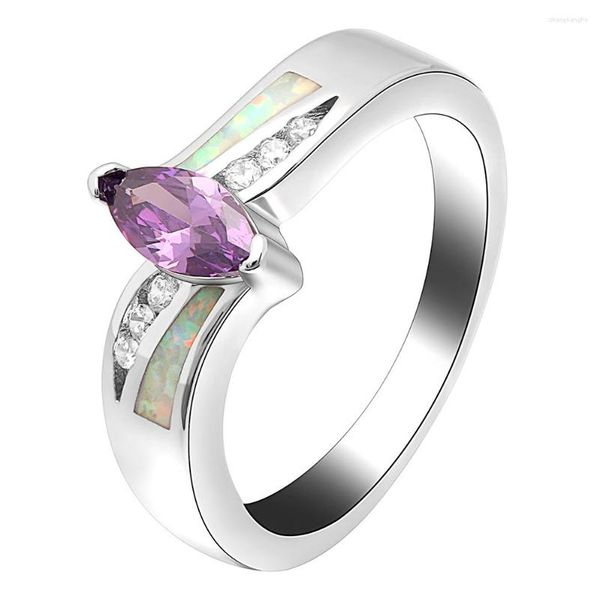 Cluster Anneaux Hainon Charme Ovale Violet Zircon Blanc Opale De Feu Anneau Pour Les Femmes Vintage Mode Argent Couleur Rempli Pierre De Naissance