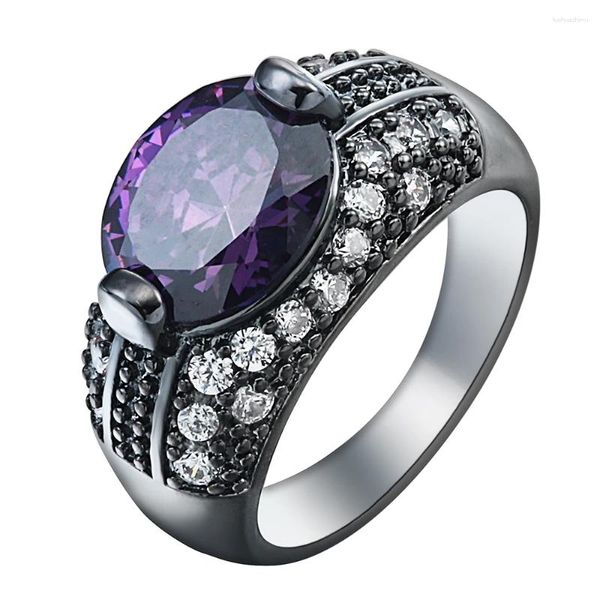 Bagues de cluster Hainon Luxury Black Gold Couleur Promesse Femmes Bijoux Princesse Micro Pavé Grand Ovale Violet ZirconWedding Bague de fiançailles