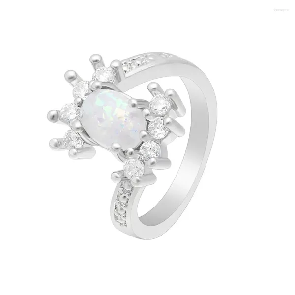 Anneaux de cluster Hainon Luxe Blanc Fire Opal Bijoux pour femmes Pavé CZ Crystal Bague Taille 6-10 Argent Couleur Rempli Bleu