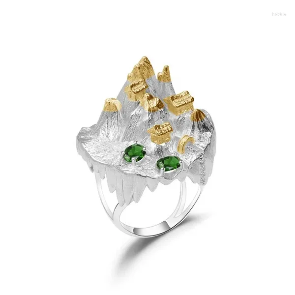 Cluster anneaux Halloween Horreur Thaïlande Style Natural Chrome Diopside 925 Silver Silver Gold plaqué