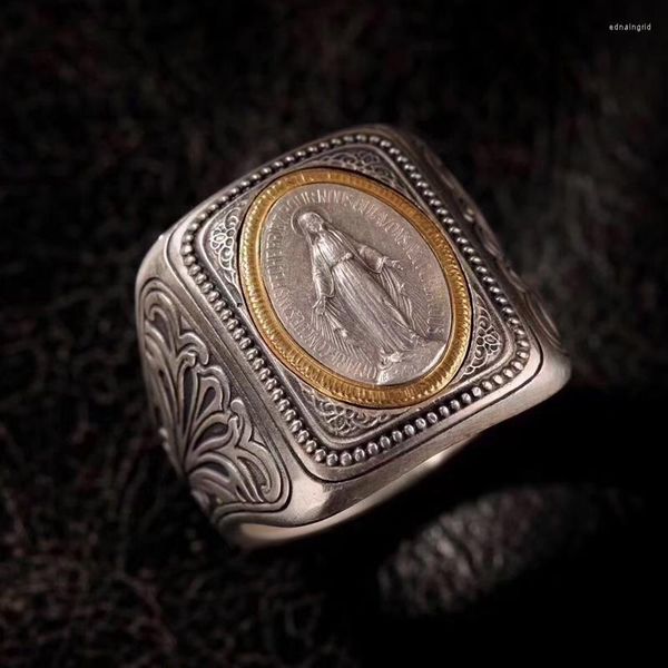 Bagues en grappe incrustées à la main Vintage bague en argent foi littéraire marque sainte atmosphère de pièce ancienne accessoires de bijoux masculins