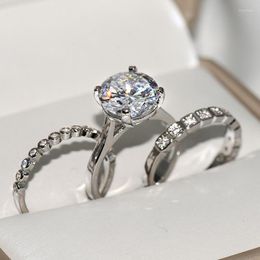 Cluster Anneaux faits à la main 3-en-1 Promesse Ring Silver Color CZ Eternity Wedding Band for Women Bridal Party Bijoux