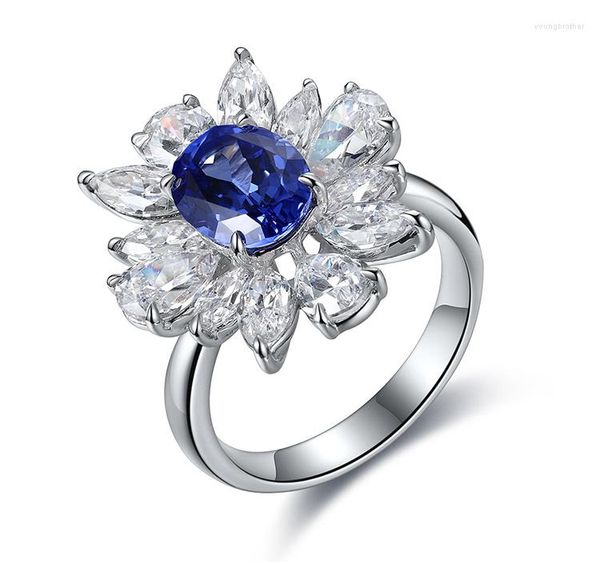 Bagues de cluster Bijoux faits à la main Bague de charme Lab créé Sapphire 2.14ct Perles Diamants Cadeau pour sa fleur vintage en forme de tendance