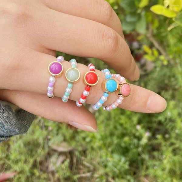 Anillos de racimo, anillo de cuentas de arroz de piedra Natural hecho a mano para mujer, joyería de perlas de acero inoxidable, diseño Original, regalo para niña