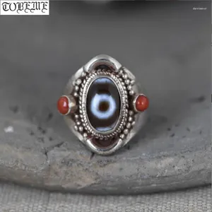 Clusterringen Handgemaakte vintage 925 Silver Tibetan One-Eye Agate Dzi Ring Resizable