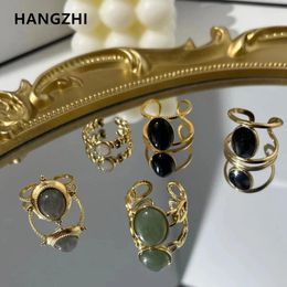 Anillos de racimo HangZhi 2024 Piedra natural vintage para mujeres Doble capa Gota de aceite Corazón Estrella Acero inoxidable Anillo de mujer Joyería