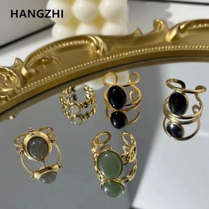 Cluster Ringen HangZhi 2024 Vintage Natuursteen Voor Vrouwen Dubbellaags Olie Drop Hart Ster Rvs Dames Ring Sieraden