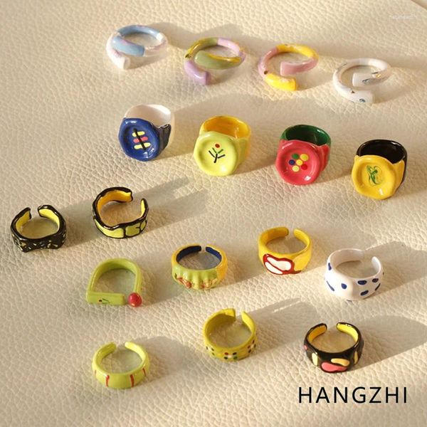 Anillos de racimo Hangzhi Color Drip Glaze Flower Ring Creative Esmalte Spot Irregular Apertura Knuckle para mujeres 2023 Otoño Joyería Retro