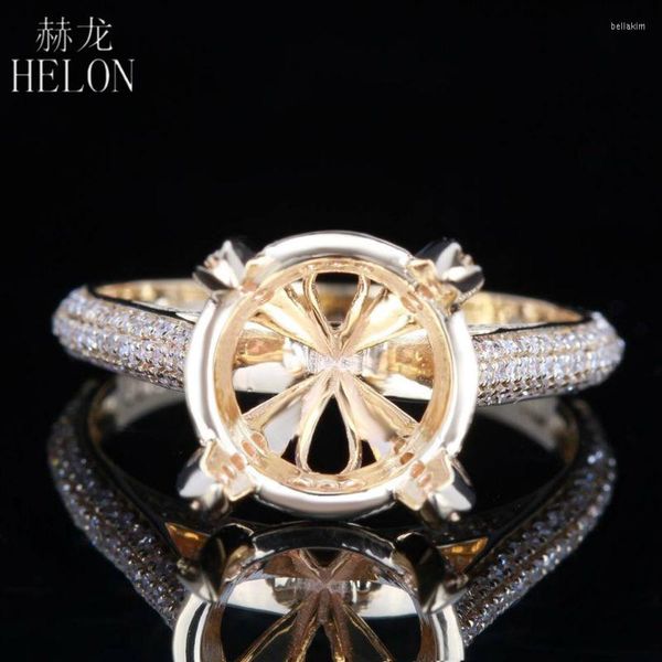 Anillos de racimo HELON 10-11 mm Corte redondo Real 14K Oro amarillo 0.42ct Diamante Compromiso de boda Semi montaje Anillo de configuración Mujeres Joyería de moda