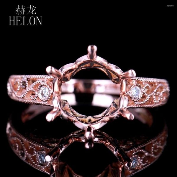 Bagues de cluster Helon 9-10mm Coupe ronde Solide 14K Or Rose Diamants naturels Semi Mont Engagement Bague de mariage Femmes Vintage Bijoux