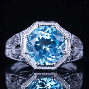 Cluster Rings Helon Real 14K 10K Wit goud Flaef 10 mm Ronde echte blauwe topaz edelsteen verloving Wedding Ring Women Vintage Fine