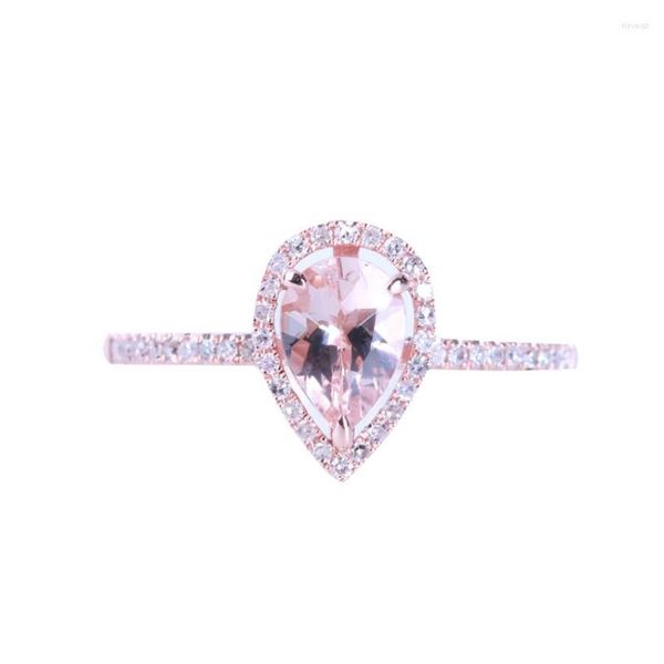 Bagues de cluster HELON Solide 10K Rose Gold Poire 7x5mm Naturel Morganite Diamants Bague de fiançailles pour femmes à la mode Fine Bijoux Cadeau