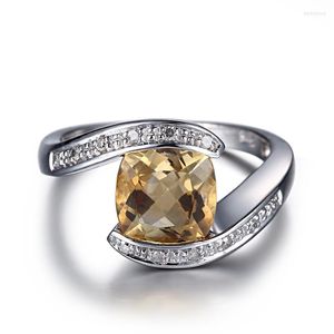 Bagues de cluster HELON Solide 10K Or Blanc Flawless Coussin 8x8mm Véritable Naturel Citrine Diamant Bague De Fiançailles De Mariage Pour Les Femmes Fine