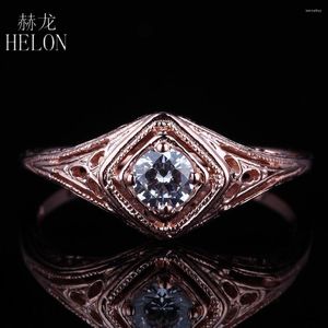 Bagues de cluster HELON Solide 14K Rose Gold Round Cut 4mm Véritable Moissanites Bague de fiançailles Fine Mariage Vintage Antique Solitaire Bijoux