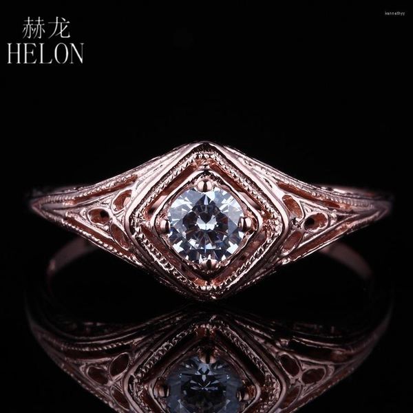 Bagues de cluster HELON Solide 14K Rose Gold Round Cut 4mm Véritable Moissanites Bague de fiançailles Fine Mariage Vintage Antique Solitaire Bijoux