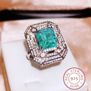 Cluster anneaux High Ding Bijoux Design Simulate Emerald Ring S925 Silver Princess Square Diamond Diamond Two Tone Gold Green Green Open