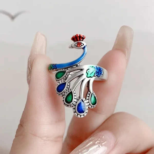 Anillos de racimo Anillo de pavo real de color de gama alta Mujer ajustable Azul Phoenix Patrón Lady Finger S925 Joyería Mujer Regalo