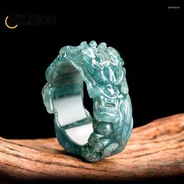 Anneaux de cluster Haute Qualité Jadeite Bleu Eau Dragon King Bague En Trois Dimensions Sculpté Jade Hommes Exquis Bijoux Cadeau De Vacances