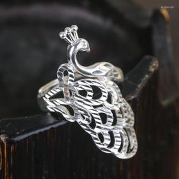 Cluster ringen van hoge kwaliteit S990 Sterling Silver Ring Women Luck Hollow Peacock verstelbaar / 5.6G