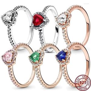 Cluster Ringen Hoge Kwaliteit Damesring 925 Sterling Zilver Rood Hartvormig Kristal Fit Armbanden DIY Modieuze Sieraden Geschenken