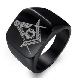 Cluster Anneaux Hip Hop Masonic Titanium Ring Men Mason Square Flat Alliance Anniversary Wedding Band for Male Black Gold Colour2570398