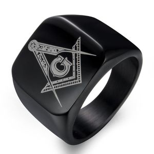 Anillos de racimo Hip Hop Masónico Anillo de titanio Hombres Freemason Square Flat Alliance Aniversario Banda de boda para hombre Negro Oro Colores